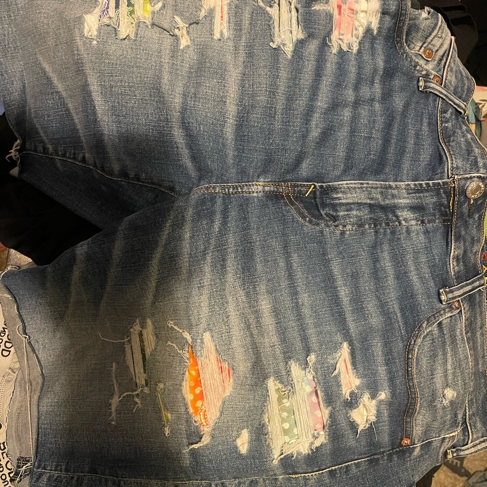 Distressed Denim Shorts with Colorful Patches